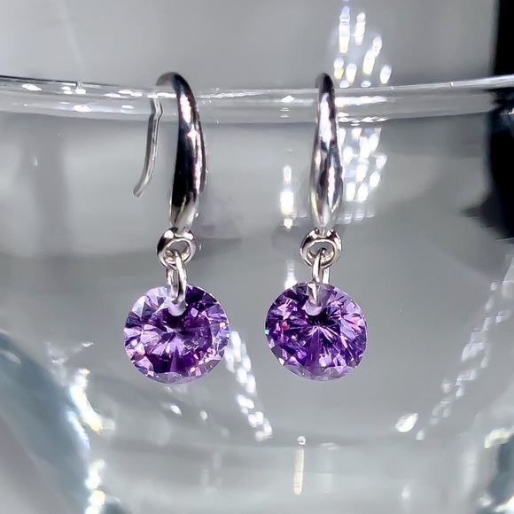 925 Stamped 8mm Purple CZ Drop Earrings - Picture 3 of 7